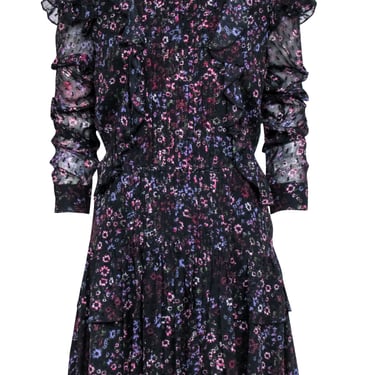 Reiss - Black Floral Print Ruffle Mini Dress Sz 8