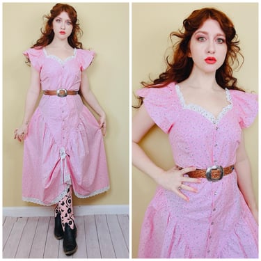 1980s Vintage Princess Pink Panhandle Slim Western Dress / 80s Calico Floral Cotton Eyelet Dress / Medium - Large 