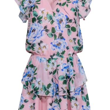Yumi Kim - Blush Pink & Blue Floral Print Tiered Bottom Skirt Sz M