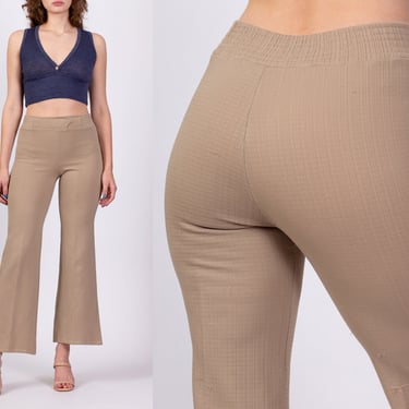 70s Taupe High Waisted Flared Pants - XS to Petite Small, 25"-27" | Vintage Boho Retro Textured Polyester Elastic Waist Trousers 