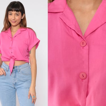 Bright Pink Crop Top 90s Tie Waist Cropped Blouse Plain Short Cuffed Sleeve Shirt Collared Button Up Shirt Normcore Vintage Medium 