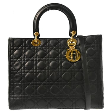 Christian Dior Black Lambskin Large Lady Dior Cannage 2way Shoulder Handbag
