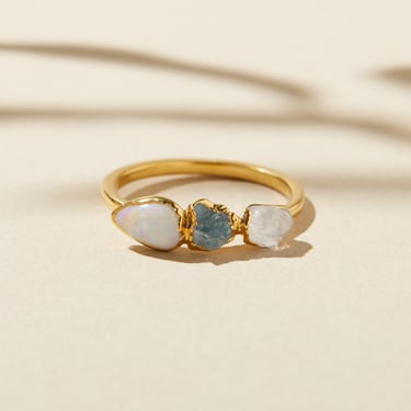 raw opal ring, october birthstone ring for women, opal unique engagement ring, aquamarine promise ring, gold raw diamond ring, bohemian ring 
