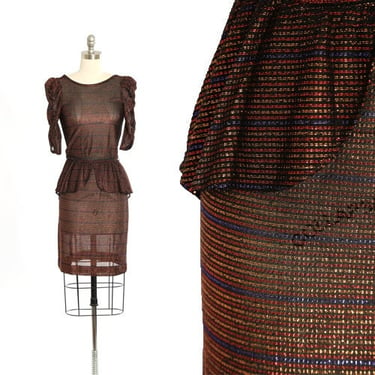 Vintage 70s semi sheer striped lurex peplum dress 