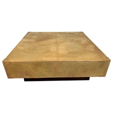 Sarreid Brass Cube Coffee Table Floating on Plinth Base Manner of Milo Baughman 