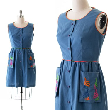 Vintage 1970s Sundress | 70s Floral Embroidered Pockets Blue Cotton Blend Button Up Shirtwaist Day Dress (large) 
