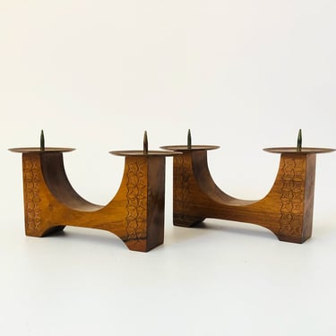 Pair of Vintage Carved with Candle Holders with Copper Tops 