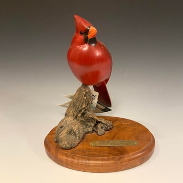 Carved Cardinal Bird Sculpture by Richard Lamson 