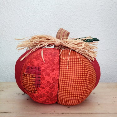 1990's Vintage Hallmark Patchwork Calico Fabric Fall Harvest Plush Pumpkin 