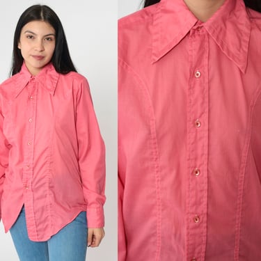 70s Shirt Pink Dagger Collar Shirt Button Up Shirt Princess Seam Long Sleeve Disco Shirt 1970s Collared Plain Oxford Men's Small 14 - 14 1/2 