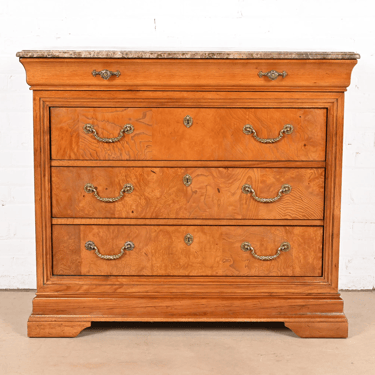 Thomasville French Louis Philippe Burl Wood Marble Top Four-Drawer Dresser Chest