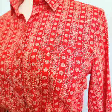 Vintage 1970's Adler Mode Red Cotton Bandana Print Long Sleeve Blouse 38