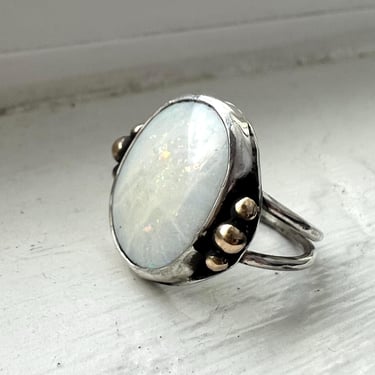 Big White Australian Opal Cocktail Statement Ring Handmade in Sterling Silver with 14k Gold Pebbles 