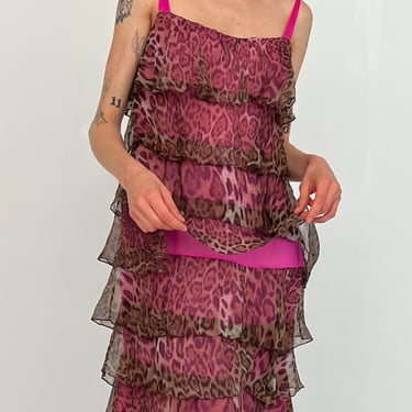 Pink Leopard Tiered Silk Dress (M)