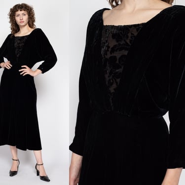 Medium 70s Does Edwardian Nancy Johnson Black Flocked Velvet Dress | Vintage Batwing Sleeve Gothic Midi Dress 