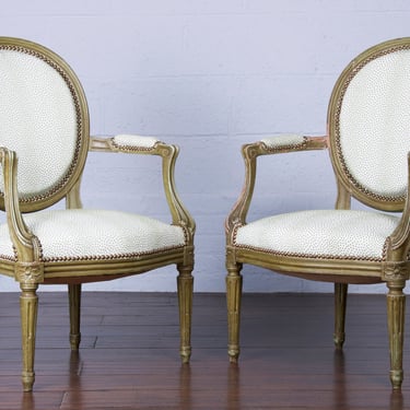 Antique French Louis XVI Style Painted Green Accent Armchairs - A Pair 