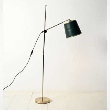 1960s Scandinavian Brass Floor Lamp with Green Leather Shade 