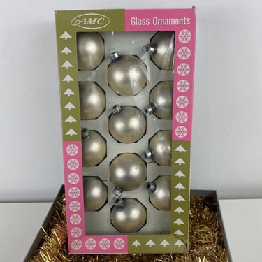 Vintage 1960’s Matte Silver Christmas Tree Ornaments Set of 12 AMC Glass Ball Ornaments, Mid Century Modern Atomic, Holiday Luxury Metallic 