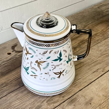 Georges Briard Coffee Pot Percolator Enamel Teal Gold Birds French Style Mid Century Rare Collectible Complete MCM Decor 