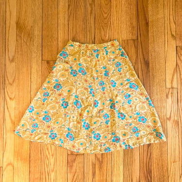 40s Floral Rayon Crepe A-Line Skirt Gold Turquoise Red Cream Side Zipper | Extra Extra Small/Extra Small/24" to 25" Waist 