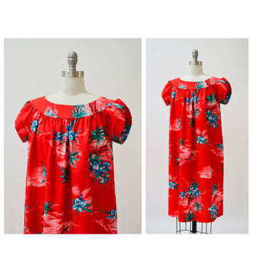 80s Vintage Red Hawaiian floral Print Dress Size Large Beach Cover Up Moo Moo Red Tropical Print Dress Palm Tree  Hawaiian Print dress 