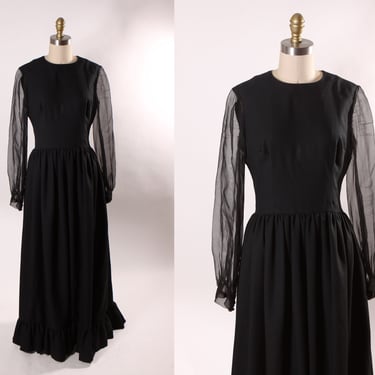 1960s Black Sheer Long Sleeve Full Length Ruffle Hem Gothic Prairie Cottagecore Dress -M 