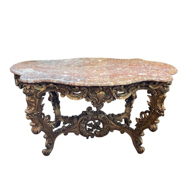 Italian Hand-Carved Giltwood Center Table with Marble Top