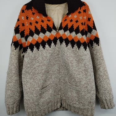 M 70s Knit Zip-Up Cardigan Sweater Wool Medium 1990s 1980s Cool Design Fall Autumn Icelandic Fair isle Norweigan Style 