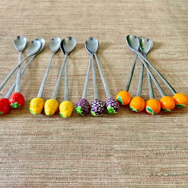 Vintage Long Iced Tea Spoons with Ceramic Fruit on Top - Stainless - Japan - Set of 14 