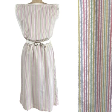 Sprouts by Vicki Vaughn sherbet seersucker stripe sleeveless dress - size XS - S - 1970s vintage 
