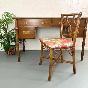 Vintage Writing Desk and Chair Set | Ficks Reed Faux Bamboo Desk | Wood Office Desk 