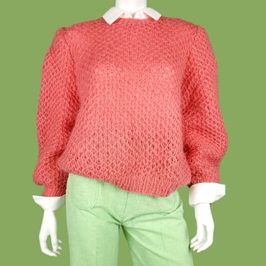 Chunky watermelon knit sweater from the 60s/70s. Handmade fuzzy pullover amazing layered knit puff sleeves pastel. (One size fits all) 