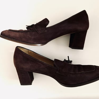 Ann Taylor 90s Vintage Brown Suede Tasseled Block Heel Loafers Size 9 Made in Italy 