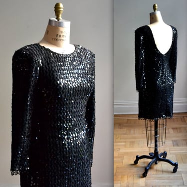 VIntage Black Sequin Dress Size Medium// 80s Sequin Party Dress in Black size Medium// Black Body Con Dress 