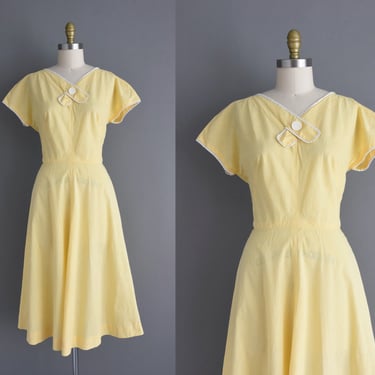 1950s vintage dress | Buttercup Yellow Gingham Print Cotton Shirtwaist Dress | Medium | 50s dress 