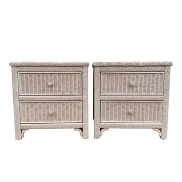 Set of 2 Henry Link Wicker Nightstands FREE SHIPPING - Vintage White Wash Rattan Coastal Furniture Pair 