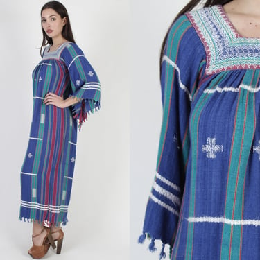Ethnic Woven Fringe Dress / Midweight Striped Plaid Resort Wear / Batik Tribal Print Cover Up Maxi Dress 