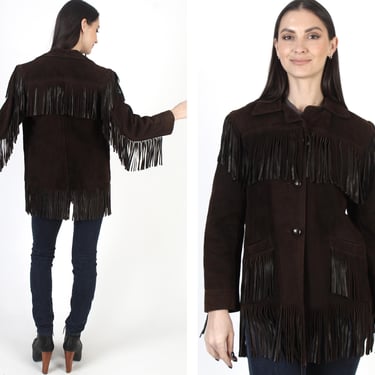 Brown Suede Fringe Jacket, Womens Western Cowboy Coat, Vintage 70s Motorcycle Hippie Button Up 