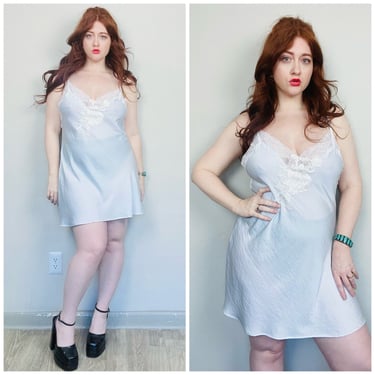 1980s Linea Donatella Powder Blue Slip Dress / 80s / Eighties Backless Floral Lace Nightgown / Size Large 