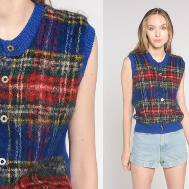 Plaid Wool Sweater Vest 70s  Blue Knit Vest Top Button up Sleeveless Sweater Checkered Preppy Tartan Nerd Shirt Vintage 1970s Extra Small xs 