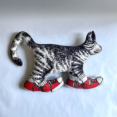 Large, Stuffed Kliban Cat with Red Sneakers, Tennis Shoes, High Tops - Tiger Stripe, Signed B Kliban, 1970's Vintage Collectible 