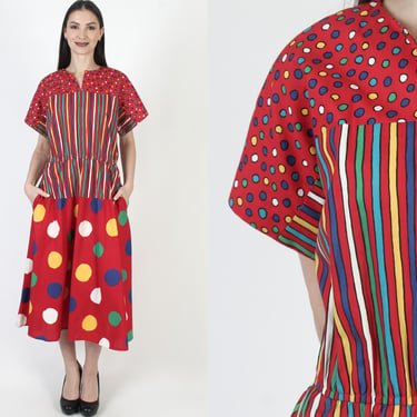 Red Vertical Striped Dress, Large Polka Dot Print, Avant Garde Cocktail Party, Vintage Hip Pockets 