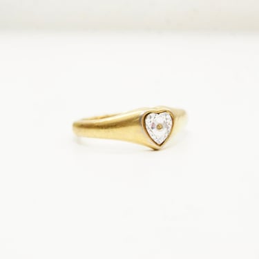 Vintage 18KGE Two-Tone Heart Ring, White-Gold Diamond-Cut Heart Inlay, Yellow Gold Band, Victorian Style, Illusions Setting, Size 8 3/4 US 