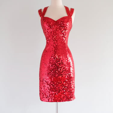 Vintage 1990's Ruby Red Sequin Party Dress by Niteline / M