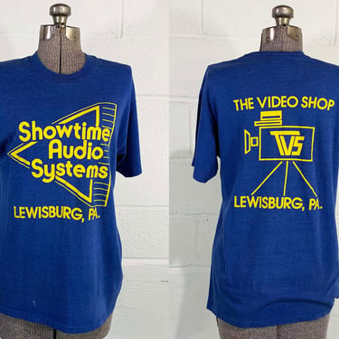 Vintage Single Stitch T-Shirt Blue Showtime Audio Systems Tee T-Shirt Shirt Short Sleeve Paper Thin Worn Thrashed Lewisburg A/V 1970s Large 