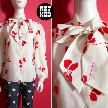 Cool Vintage 70s Red & Off-White Flower Button Down Long Sleeve Blouse with Pussybow 