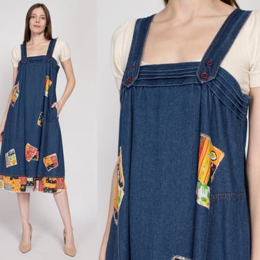 Small 70s Boho Denim Patchwork Pinafore Dress | Vintage A Line Sleeveless Jean Midi Tent Dress 