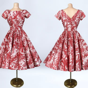 VINTAGE 50s New Look Red and White Fern Print Taffeta Dress | 1950s MCM Full Sweep Circle Cocktail Party Dress | VFG 