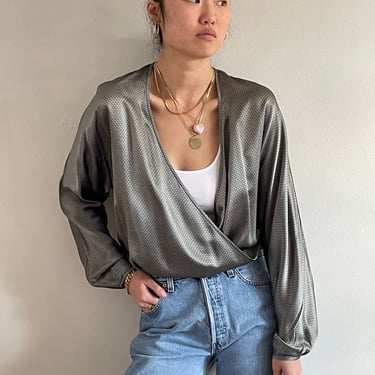 90s silk charmeuse wrap blouse / vintage Ellen Tracy silver pewter gray liquid silk charmeuse plunging wrap batwing foulard print blouse | L 