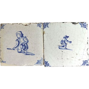 Antique Two Dutch Delft Baroque Style Blue and White Pottery Square Figural Tiles 